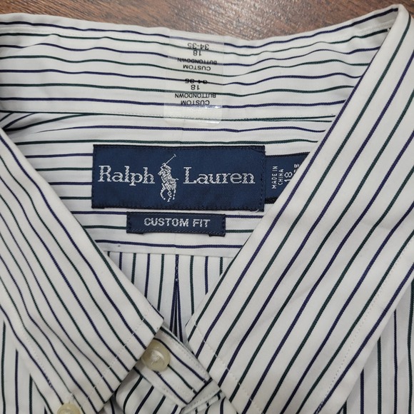 Ralph Lauren Custom Fit Striped Shirt Mens 18 34/35 Navy White Button Down - Picture 3 of 10
